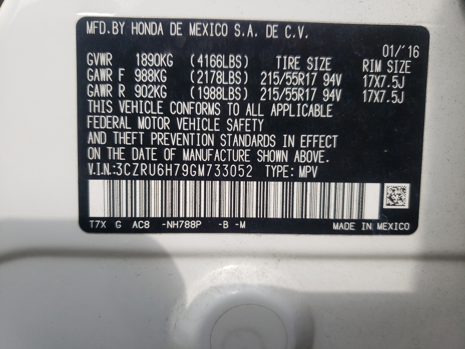 3CZRU6H79GM733052 2016 Honda Hr-V Exl