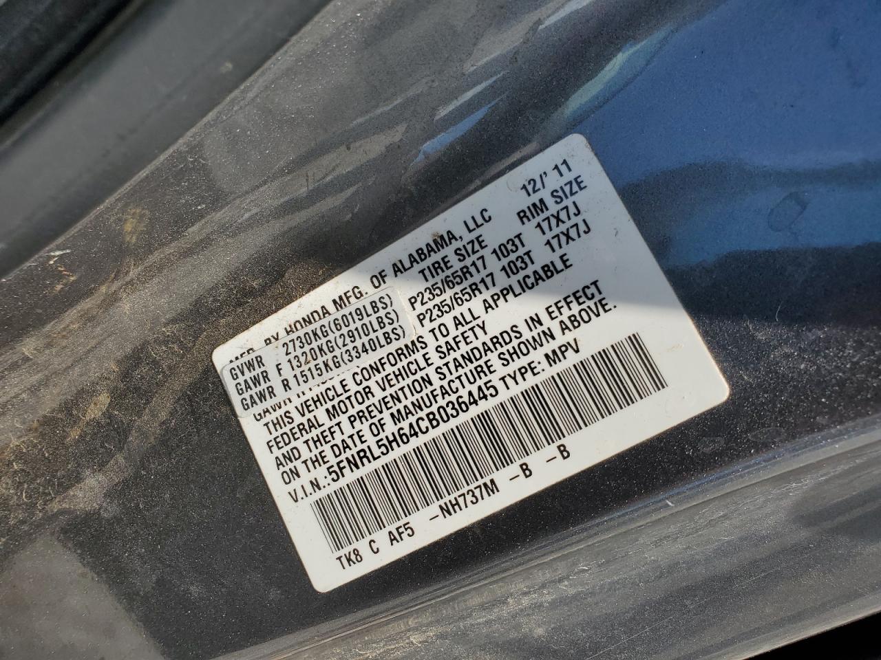 5FNRL5H64CB036445 2012 Honda Odyssey Exl