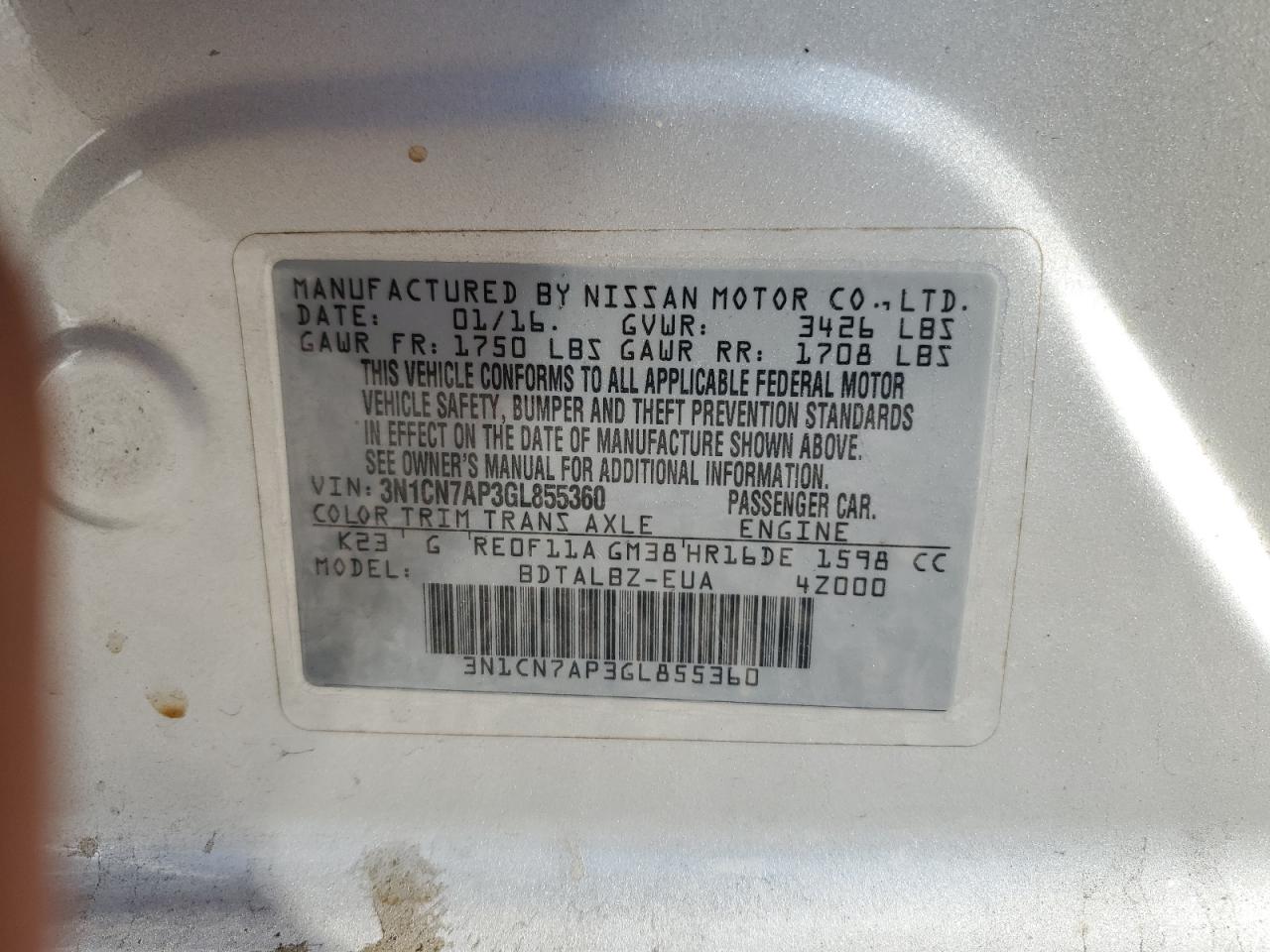 3N1CN7AP3GL855360 2016 Nissan Versa S