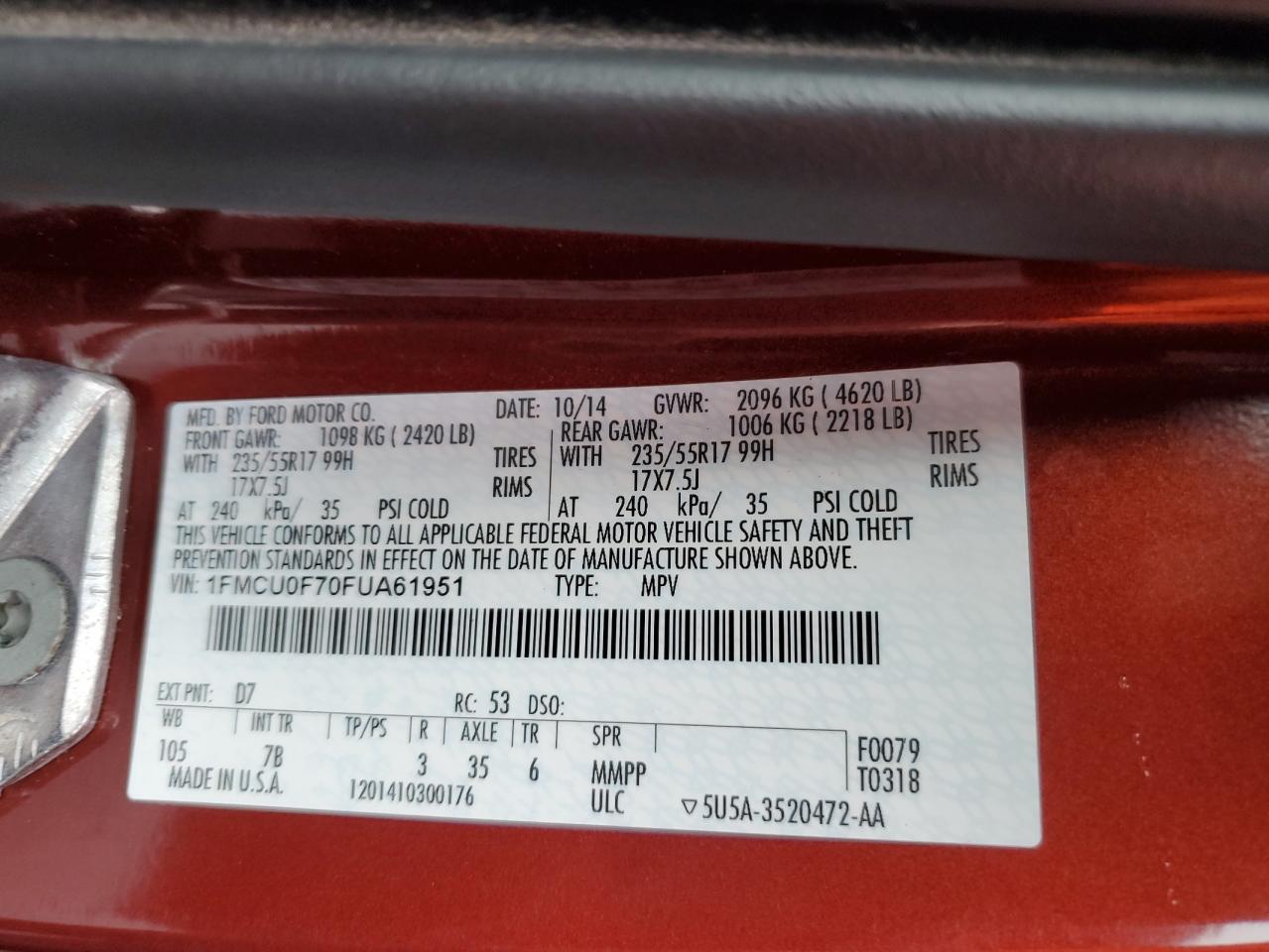 2015 Ford Escape S VIN: 1FMCU0F70FUA61951 Lot: 67699144