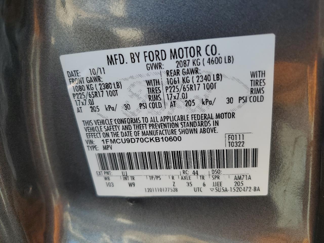 1FMCU9D70CKB10600 2012 Ford Escape Xlt