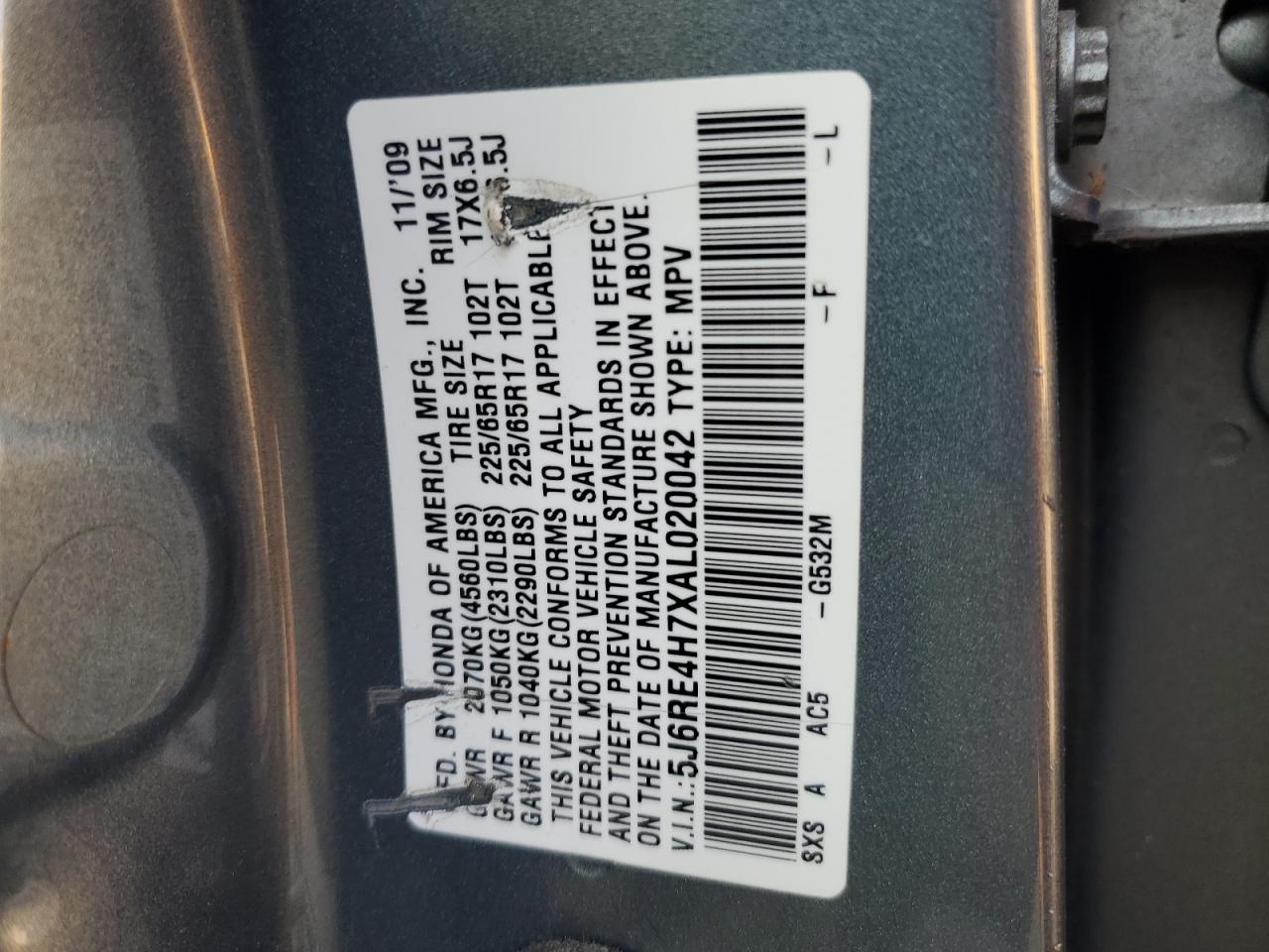 2010 Honda Cr-V Exl VIN: 5J6RE4H7XAL020042 Lot: 67561404