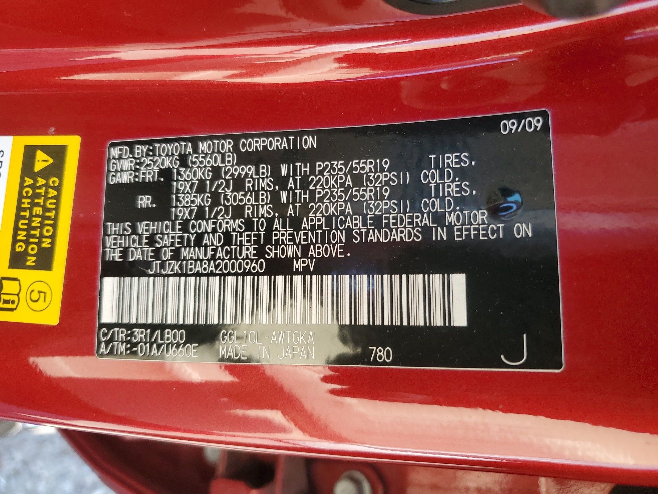 JTJZK1BA8A2000960 2010 Lexus Rx 350