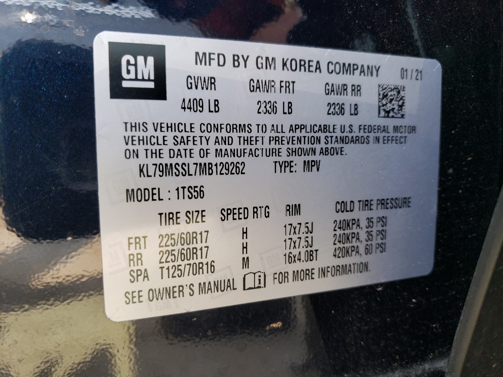 KL79MSSL7MB129262 2021 Chevrolet Trailblazer Activ