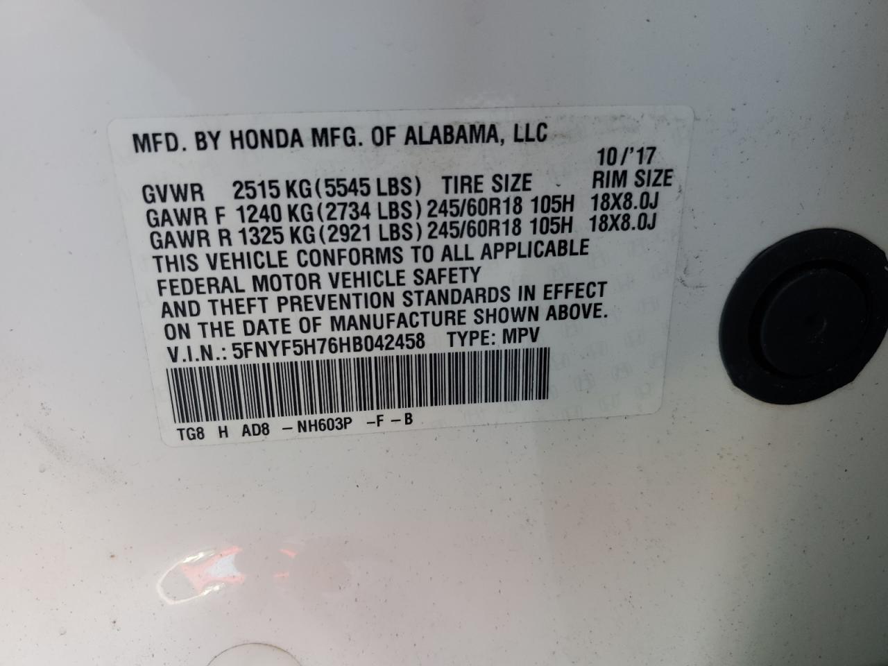 2017 Honda Pilot Exln VIN: 5FNYF5H76HB042458 Lot: 67375294