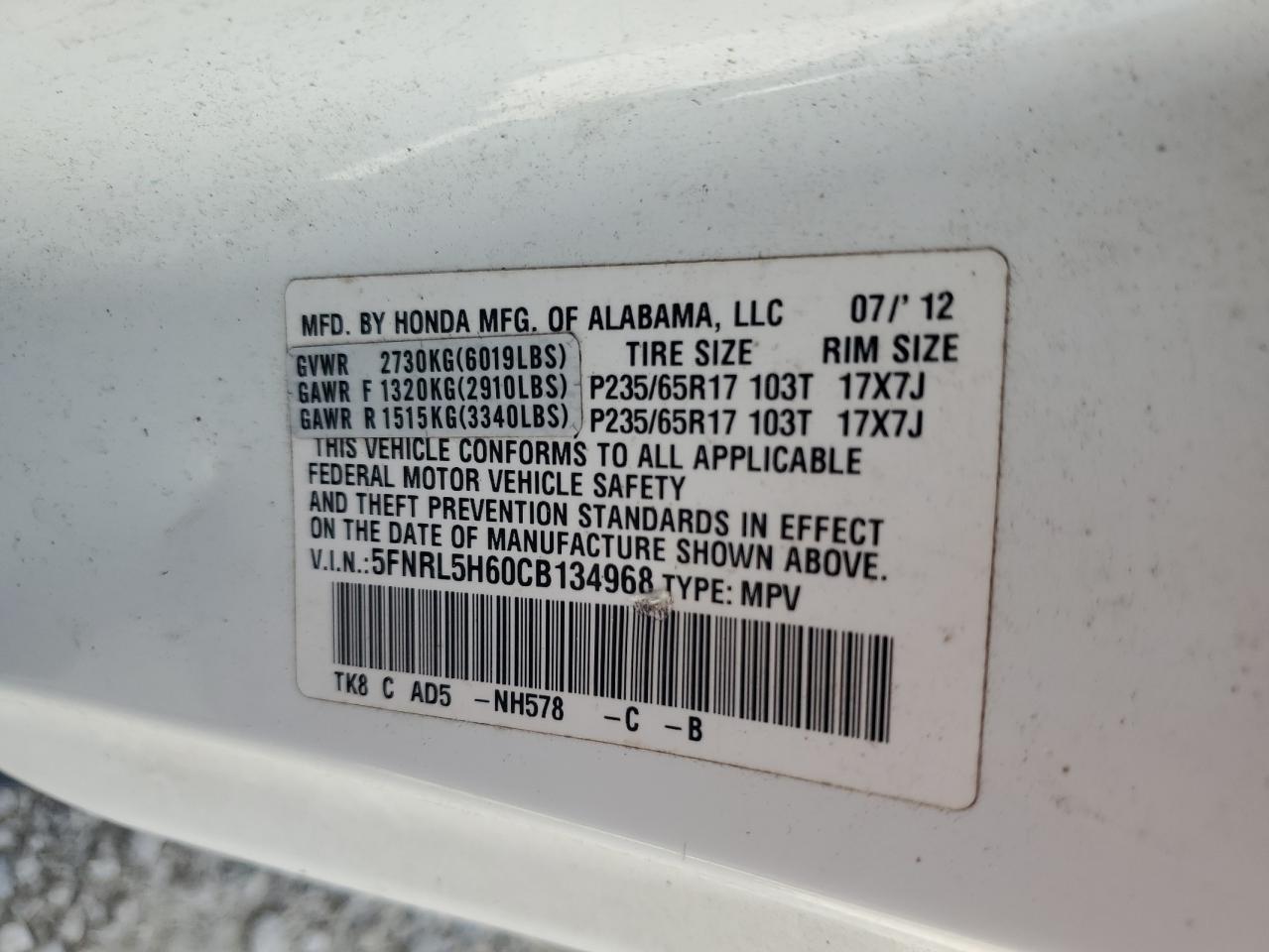 2012 Honda Odyssey Exl VIN: 5FNRL5H60CB134968 Lot: 65670084