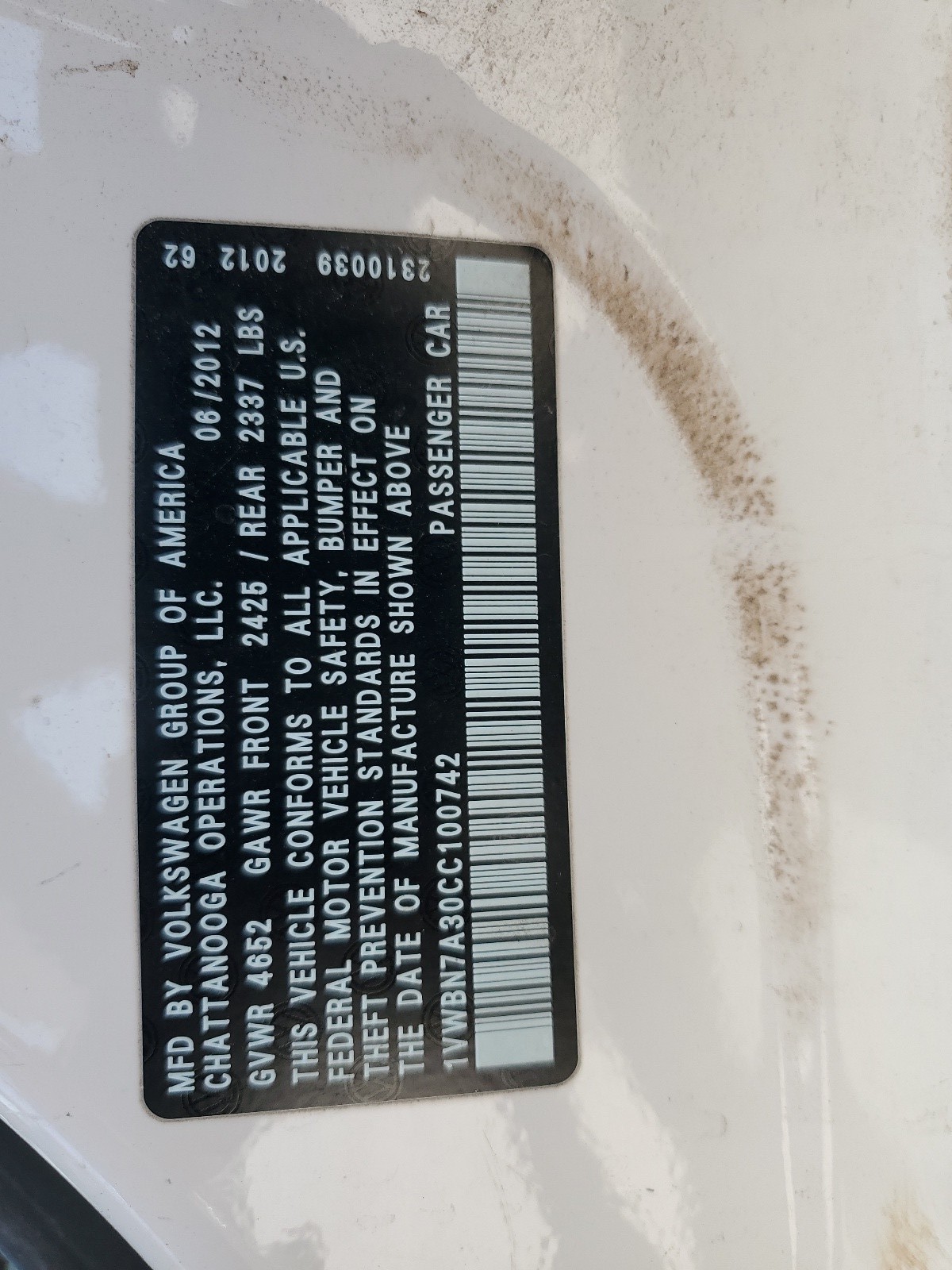 1VWBN7A30CC100742 2012 Volkswagen Passat Se