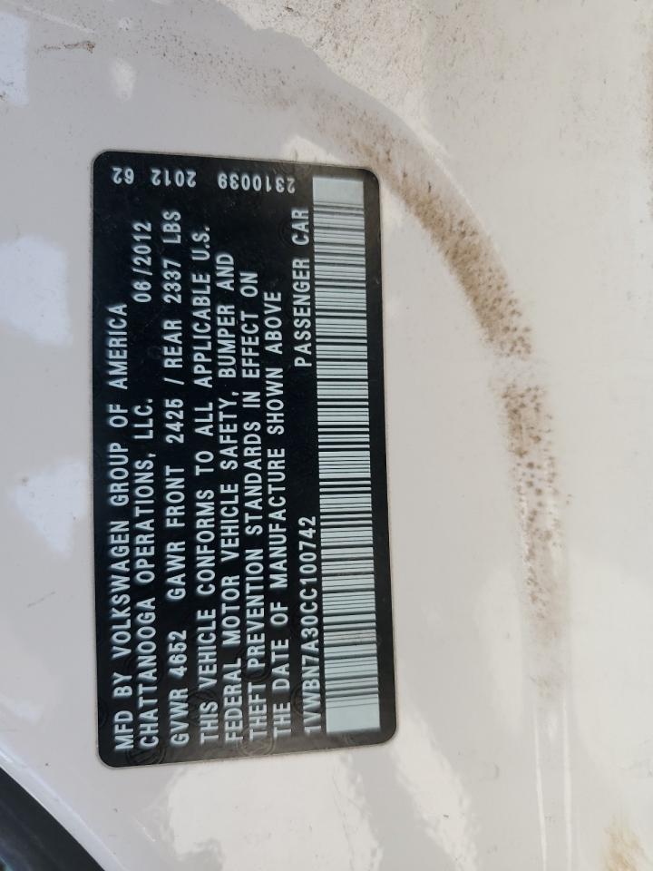 2012 Volkswagen Passat Se VIN: 1VWBN7A30CC100742 Lot: 64573074