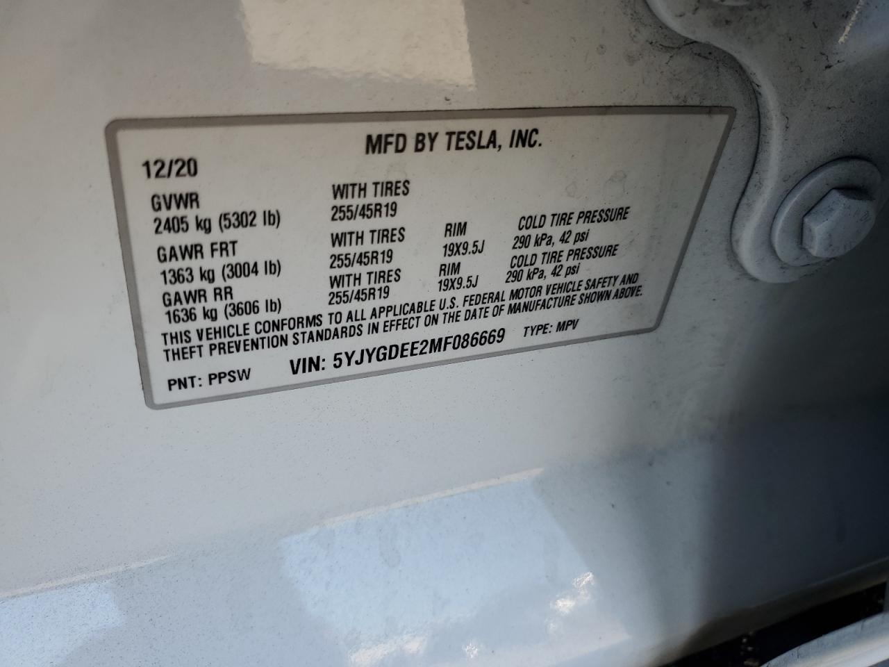 2021 Tesla Model Y VIN: 5YJYGDEE2MF086669 Lot: 67090824