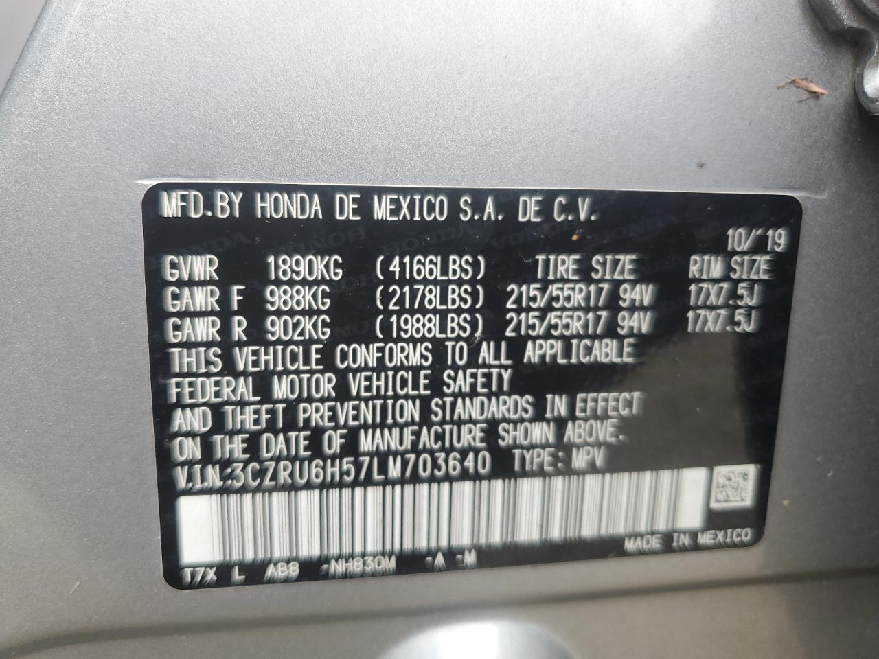 3CZRU6H57LM703640 2020 Honda Hr-V Ex