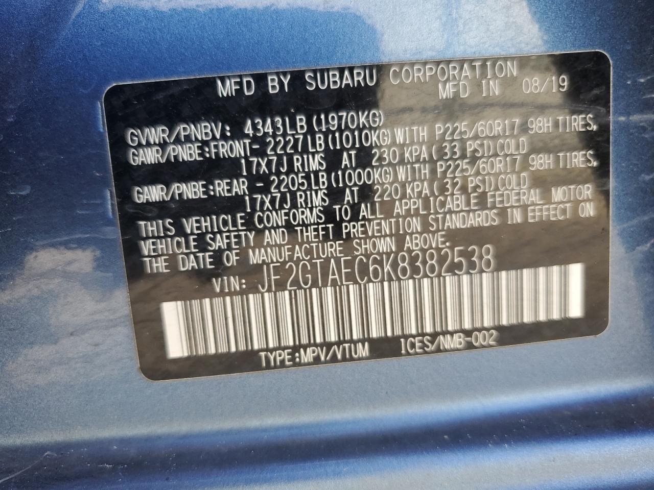 JF2GTAEC6K8382538 2019 Subaru Crosstrek Premium