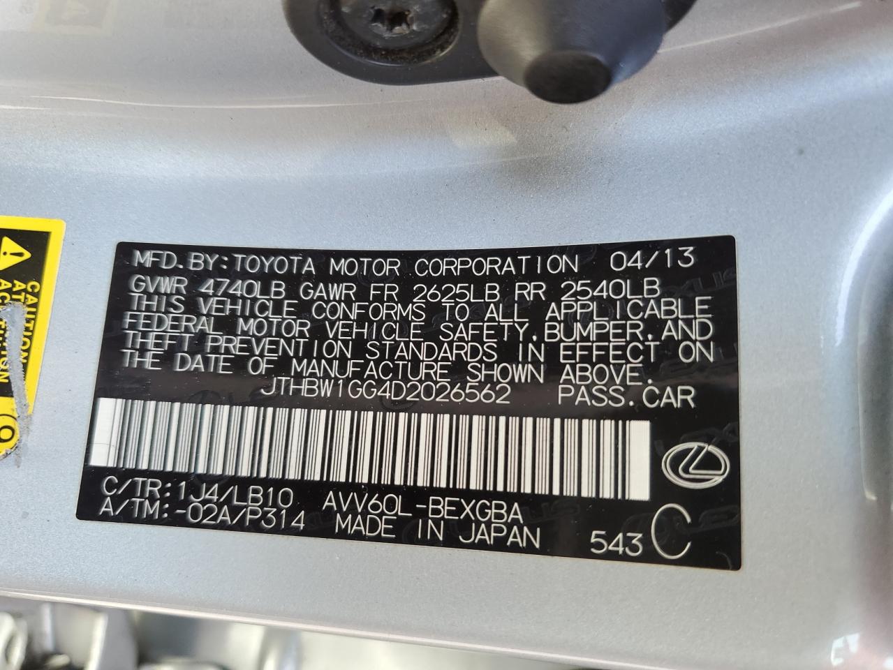 2013 Lexus Es 300H VIN: JTHBW1GG4D2026562 Lot: 68626564