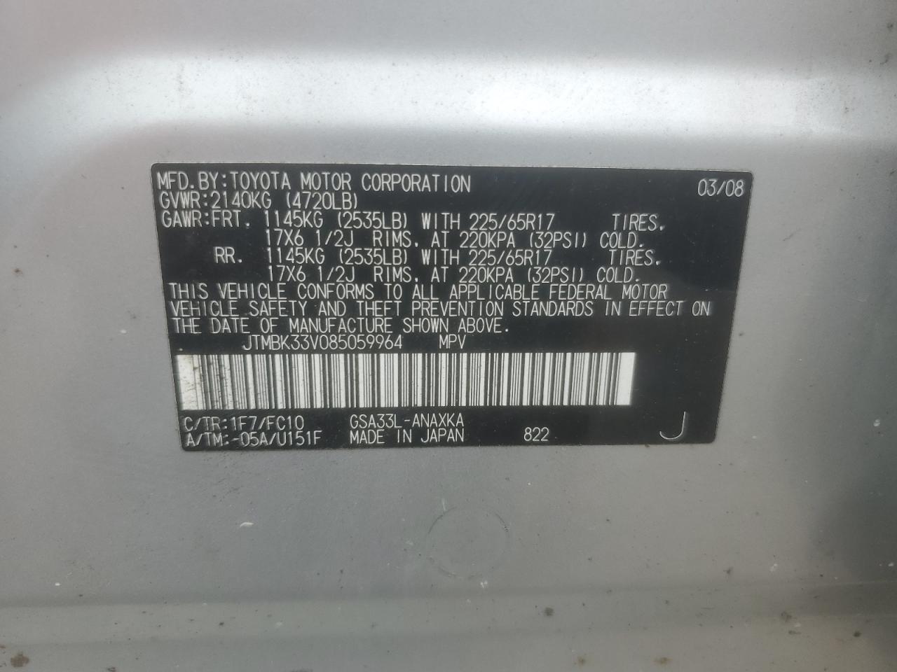 2008 Toyota Rav4 VIN: JTMBK33V085059964 Lot: 65756834