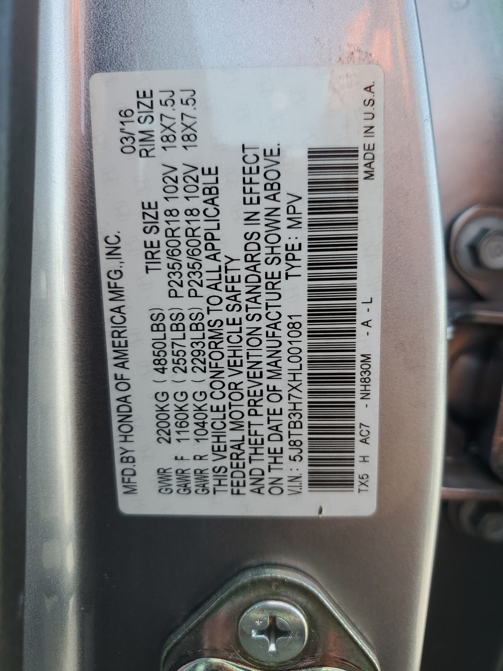 5J8TB3H7XHL001081 2017 Acura Rdx Advance