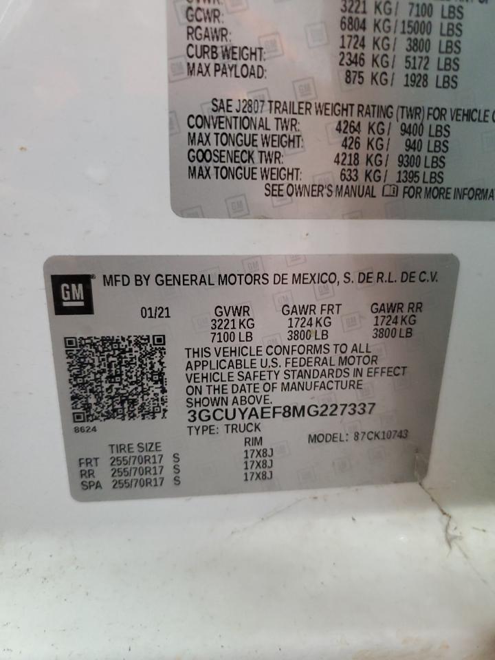 2021 Chevrolet Silverado K1500 VIN: 3GCUYAEF8MG227337 Lot: 66804384