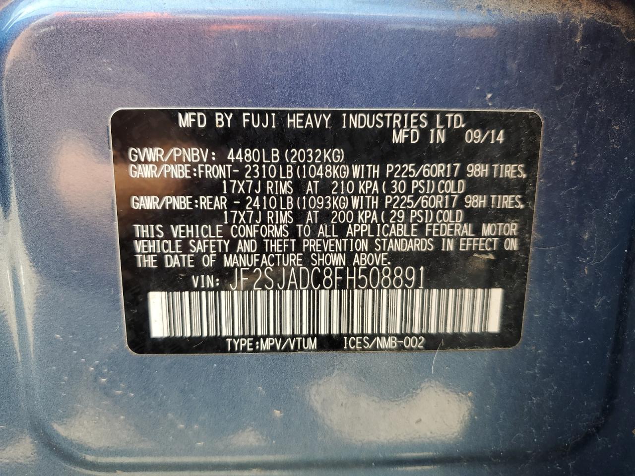 2015 Subaru Forester 2.5I Premium VIN: JF2SJADC8FH508891 Lot: 67136284