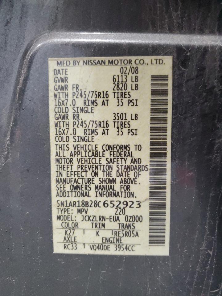 2008 Nissan Pathfinder S VIN: 5N1AR18B28C652923 Lot: 65042914