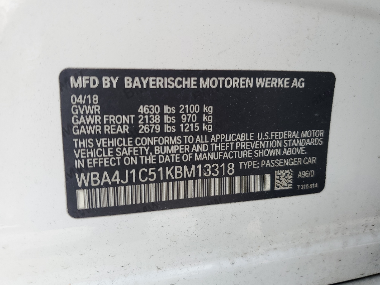 WBA4J1C51KBM13318 2019 BMW 430I Gran Coupe