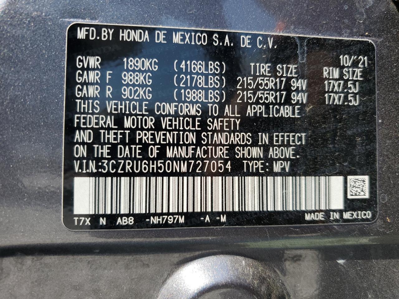 2022 Honda Hr-V Ex VIN: 3CZRU6H50NM727054 Lot: 66372594