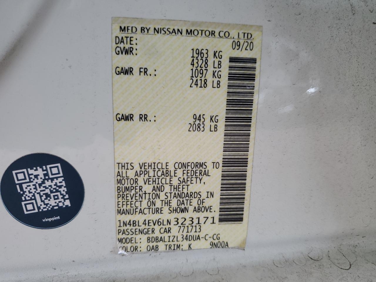 2020 Nissan Altima Sl VIN: 1N4BL4EV6LN323171 Lot: 69320654