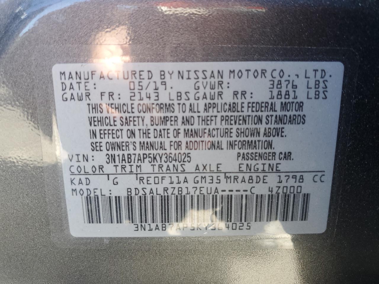 3N1AB7AP5KY364025 2019 Nissan Sentra S