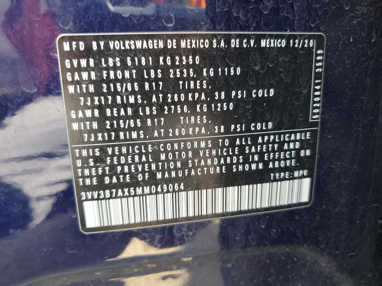 2021 Volkswagen Tiguan Se VIN: 3VV3B7AX5MM049064 Lot: 66525744