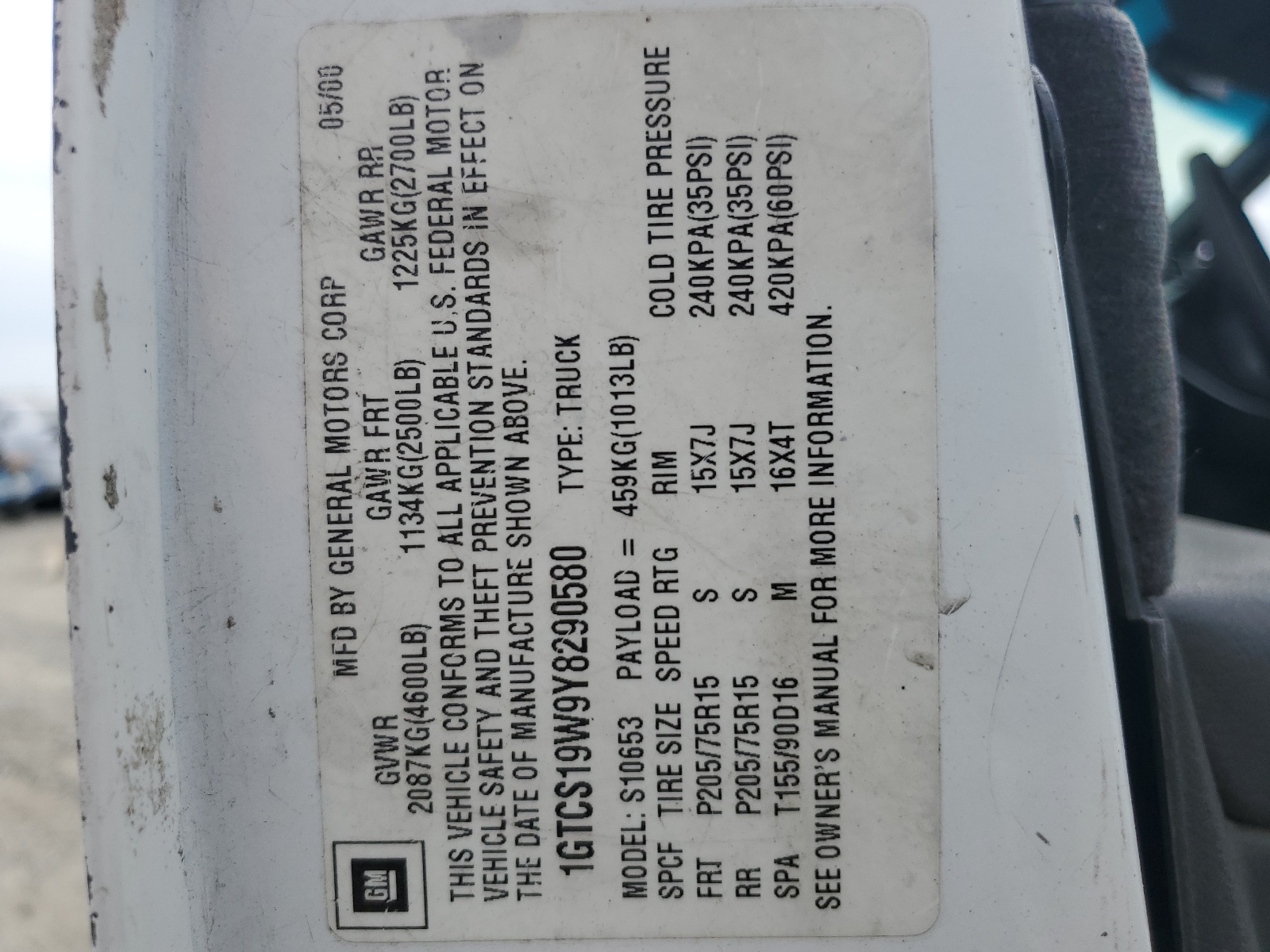 1GTCS19W9Y8290580 2000 GMC Sonoma