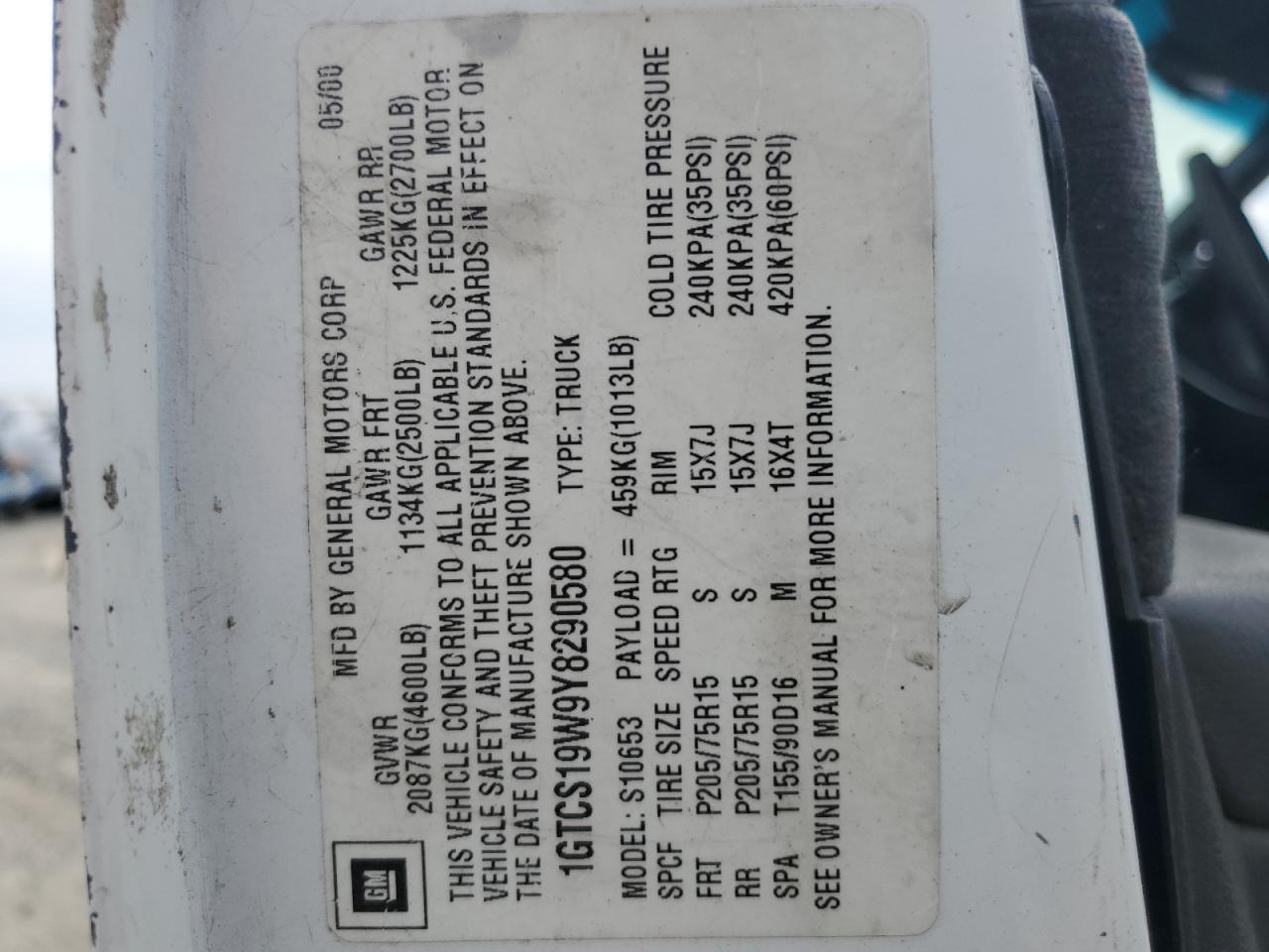 2000 GMC Sonoma VIN: 1GTCS19W9Y8290580 Lot: 66020374