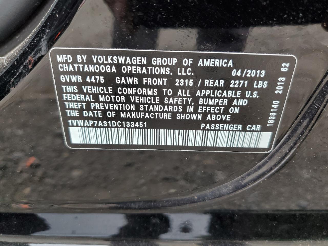 2013 Volkswagen Passat S VIN: 1VWAP7A31DC133451 Lot: 69592224