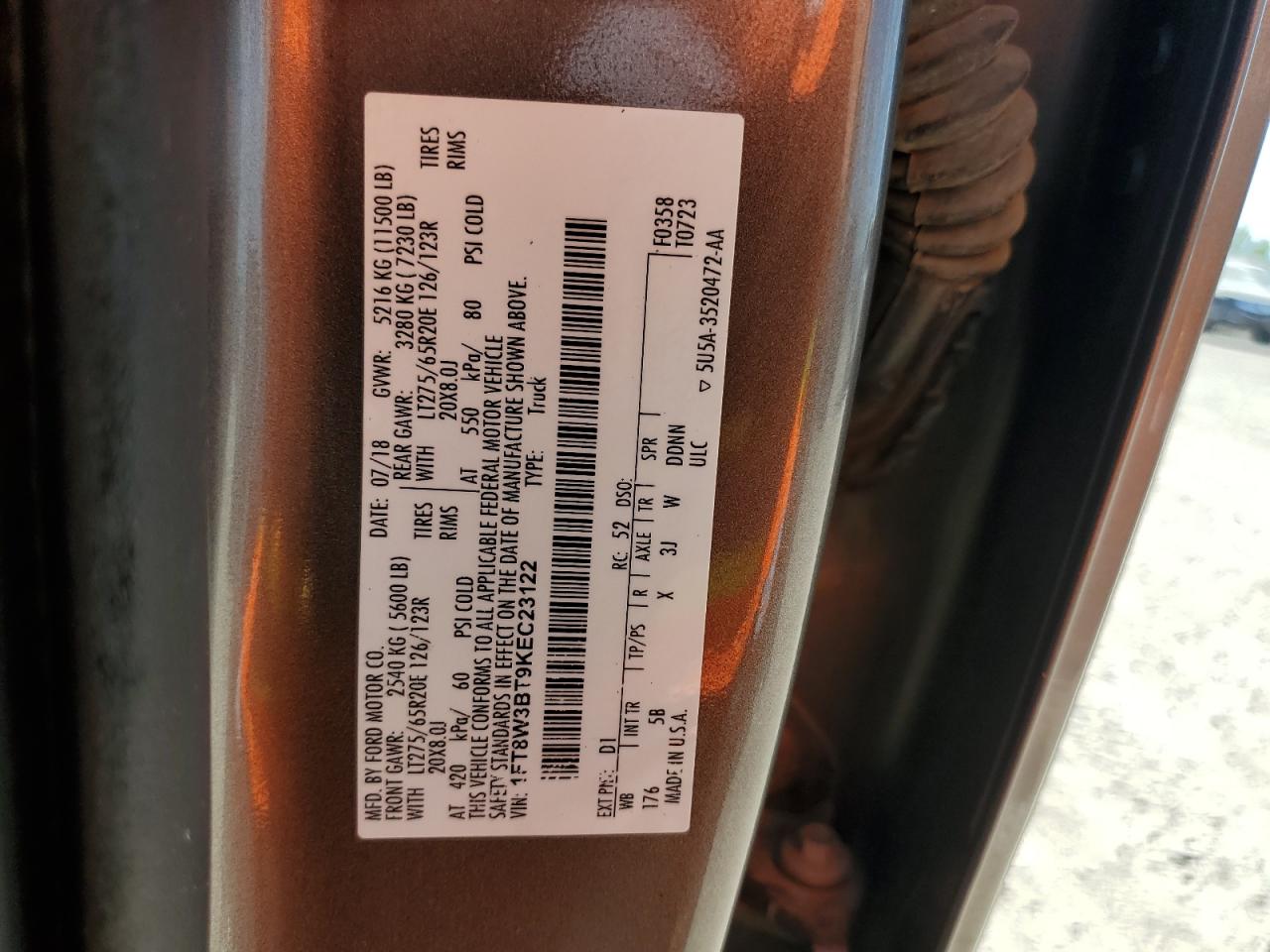 2019 Ford F350 Super Duty VIN: 1FT8W3BT9KEC23122 Lot: 66173754