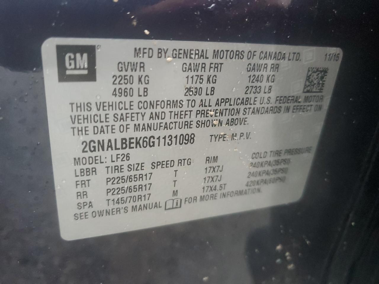 2GNALBEK6G1131098 2016 Chevrolet Equinox Ls