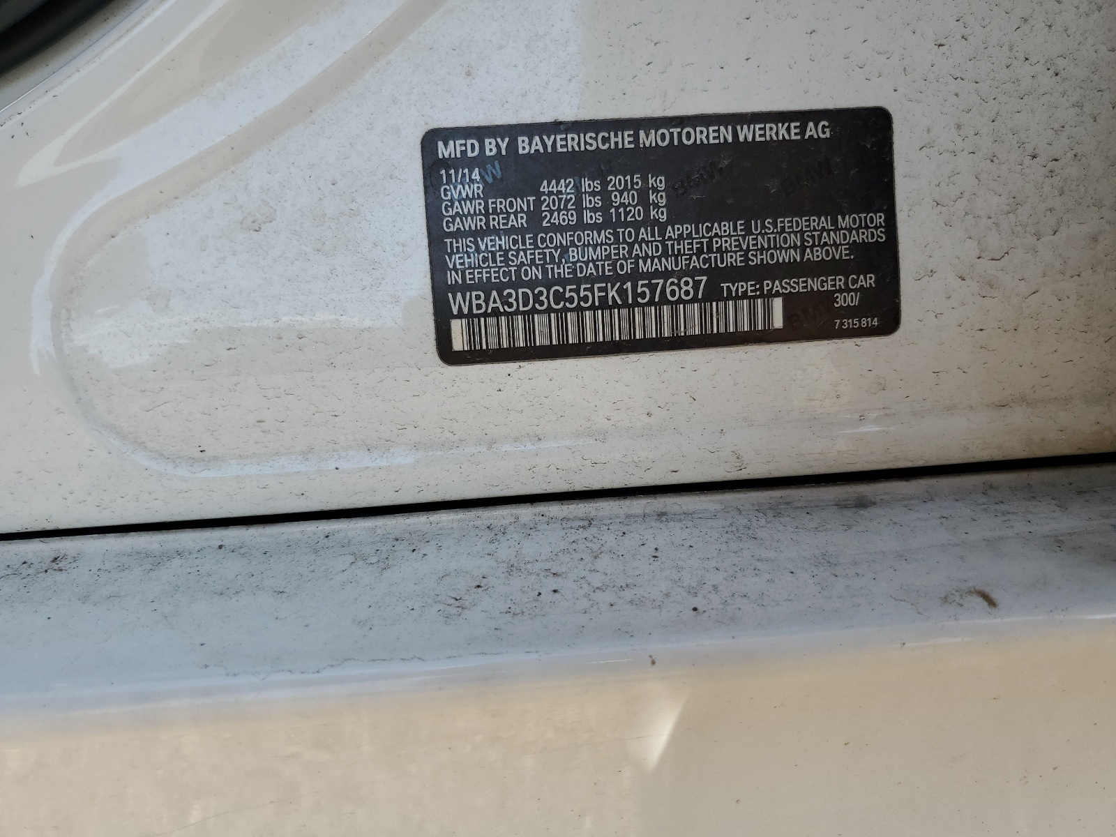 WBA3D3C55FK157687 2015 BMW 328 D