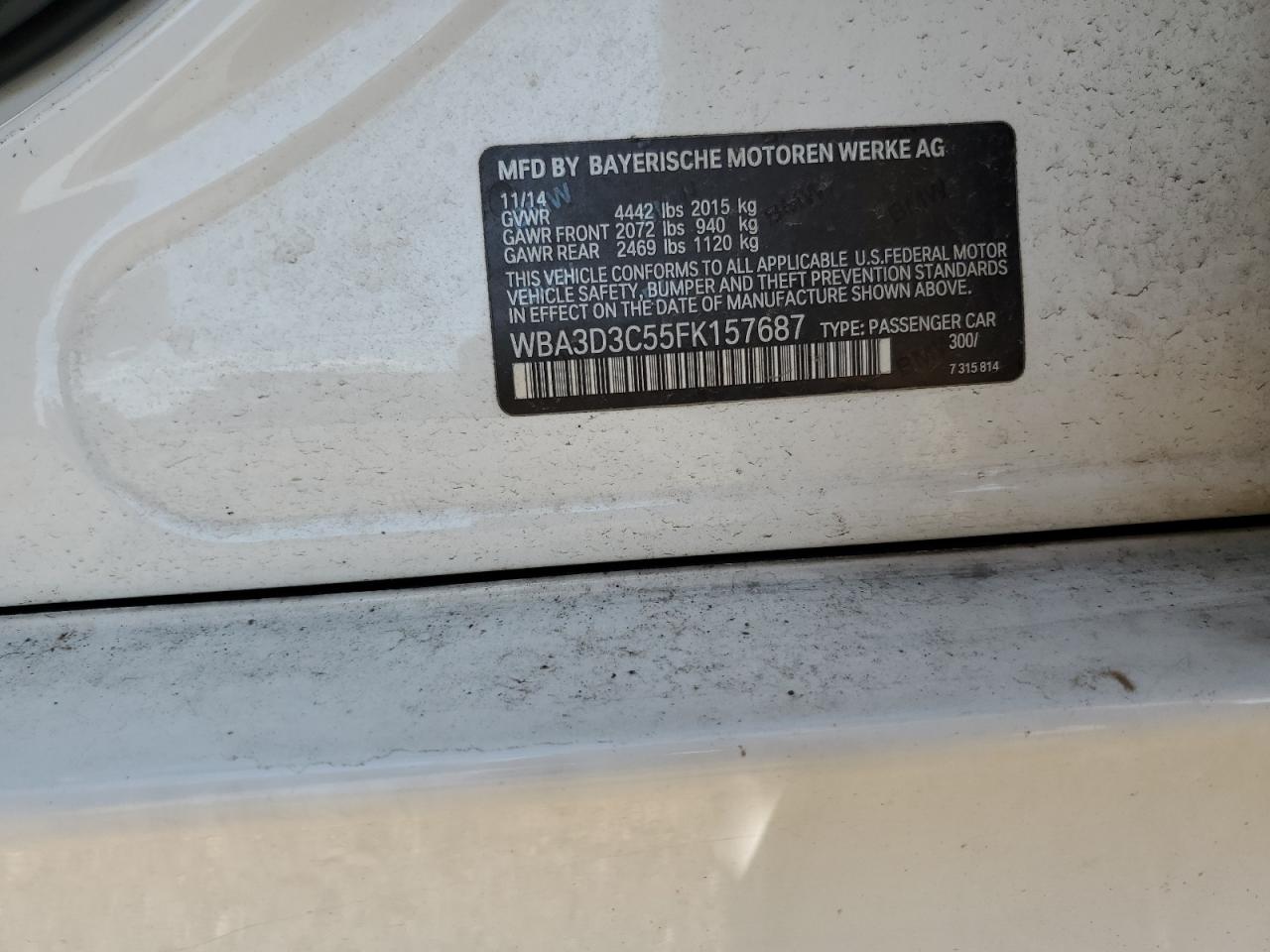 2015 BMW 328 D VIN: WBA3D3C55FK157687 Lot: 66020824