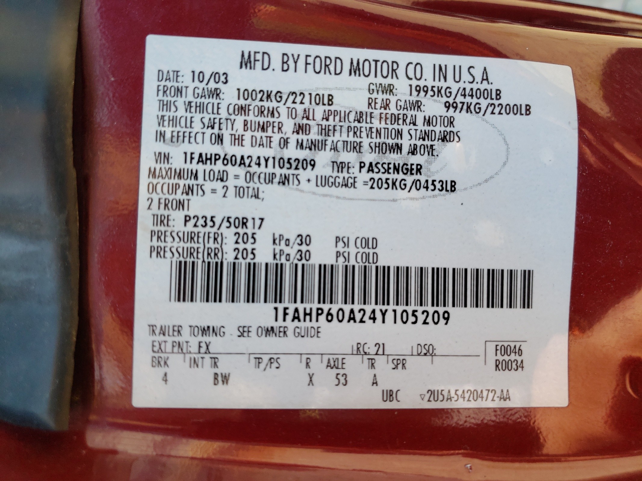 1FAHP60A24Y105209 2004 Ford Thunderbird