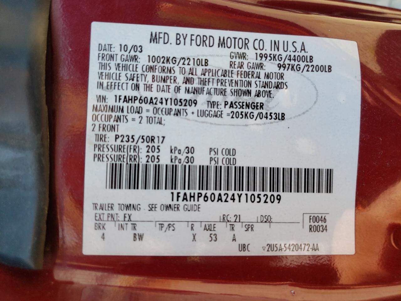 2004 Ford Thunderbird VIN: 1FAHP60A24Y105209 Lot: 66913764