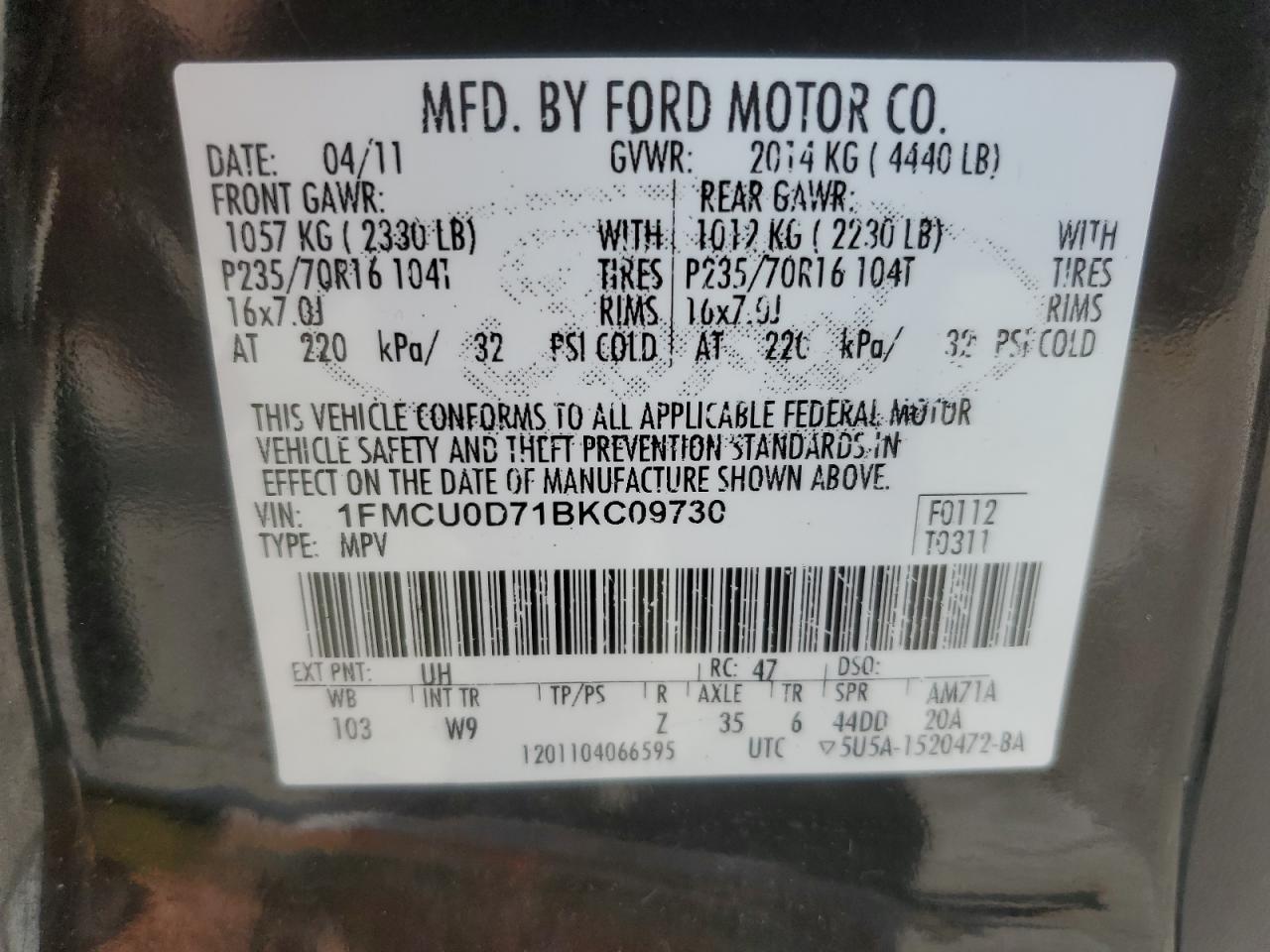 1FMCU0D71BKC09730 2011 Ford Escape Xlt