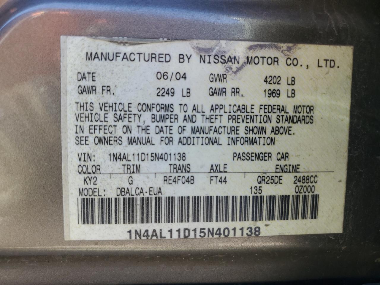 1N4AL11D15N401138 2005 Nissan Altima S