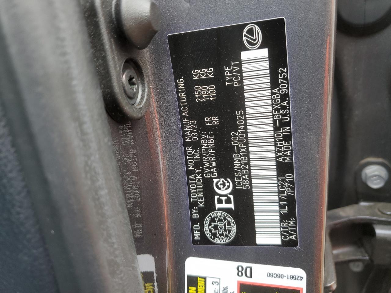 2023 Lexus Es 300H F Sport Handling VIN: 58AB21B1XPU014025 Lot: 66983814