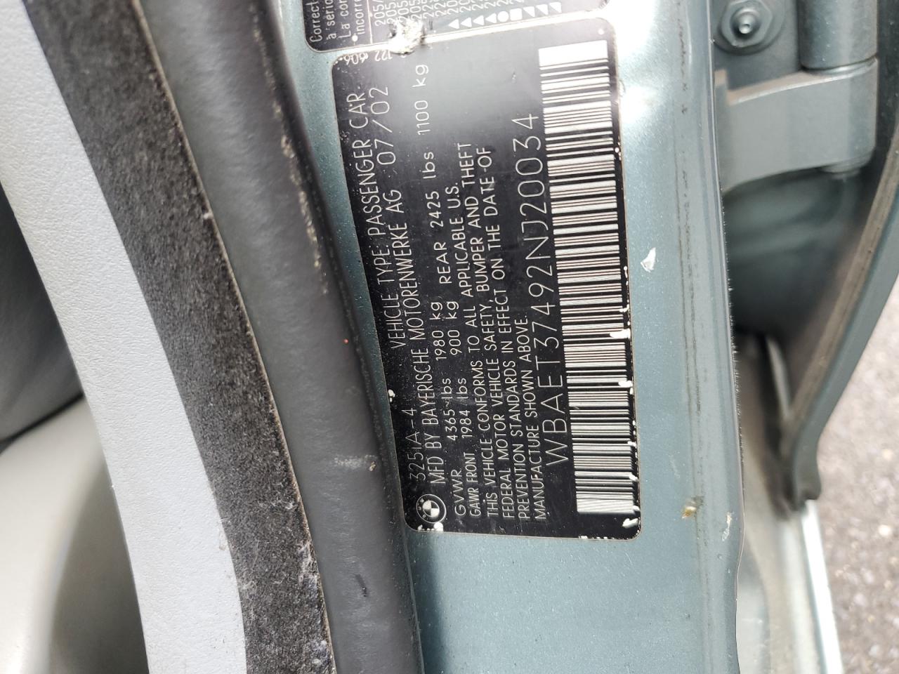 2002 BMW 325 I VIN: WBAET37492NJ20034 Lot: 66364614