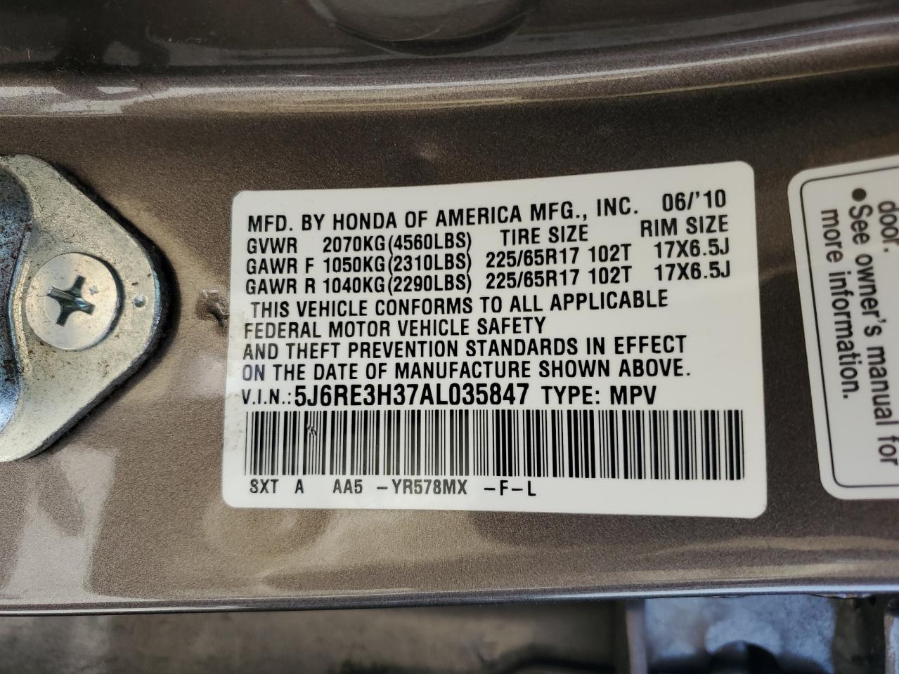 2010 Honda Cr-V Lx VIN: 5J6RE3H37AL035847 Lot: 65758934