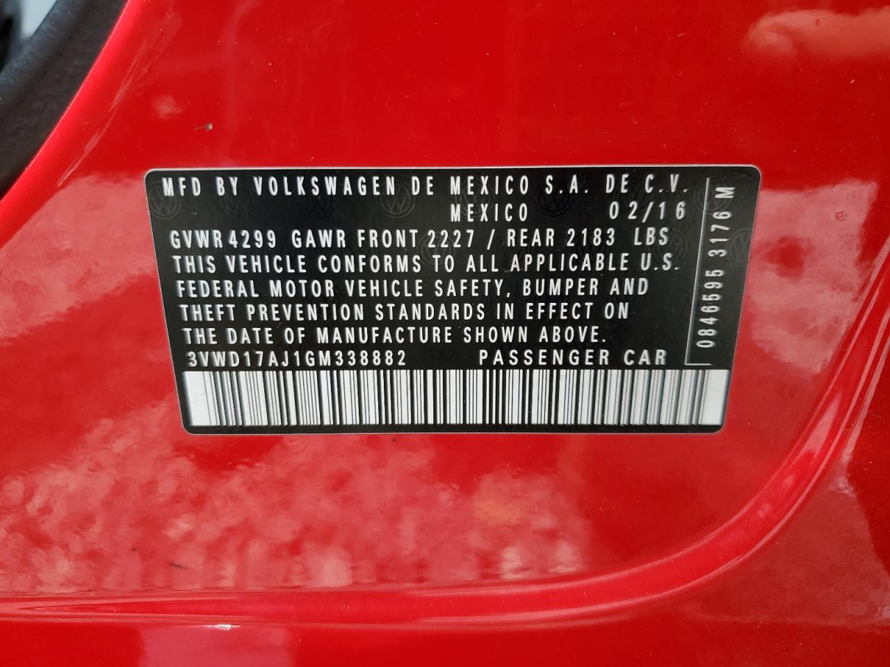2016 Volkswagen Jetta Sport VIN: 3VWD17AJ1GM338882 Lot: 66985264