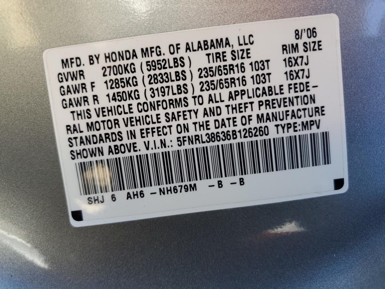 5FNRL38636B126260 2006 Honda Odyssey Exl