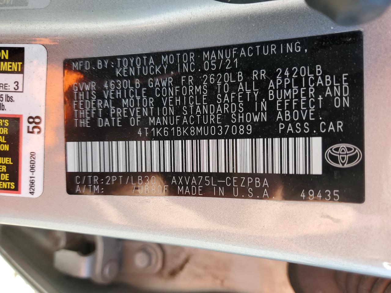 4T1K61BK8MU037089 2021 Toyota Camry Xse