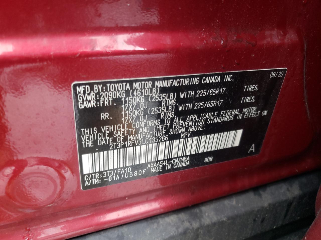 2020 Toyota Rav4 Xle VIN: 2T3P1RFV3LC135266 Lot: 66754674