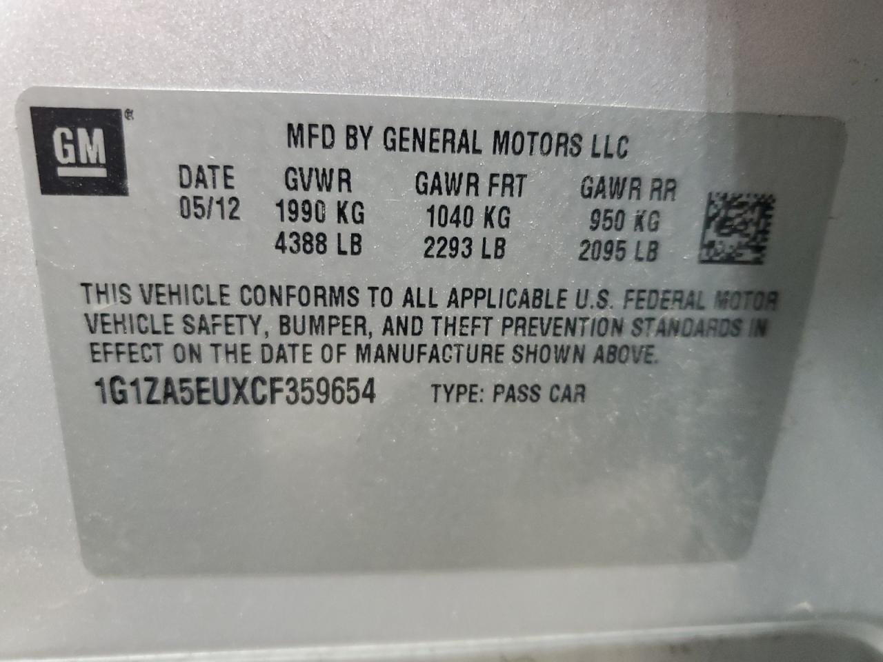 1G1ZA5EUXCF359654 2012 Chevrolet Malibu Ls