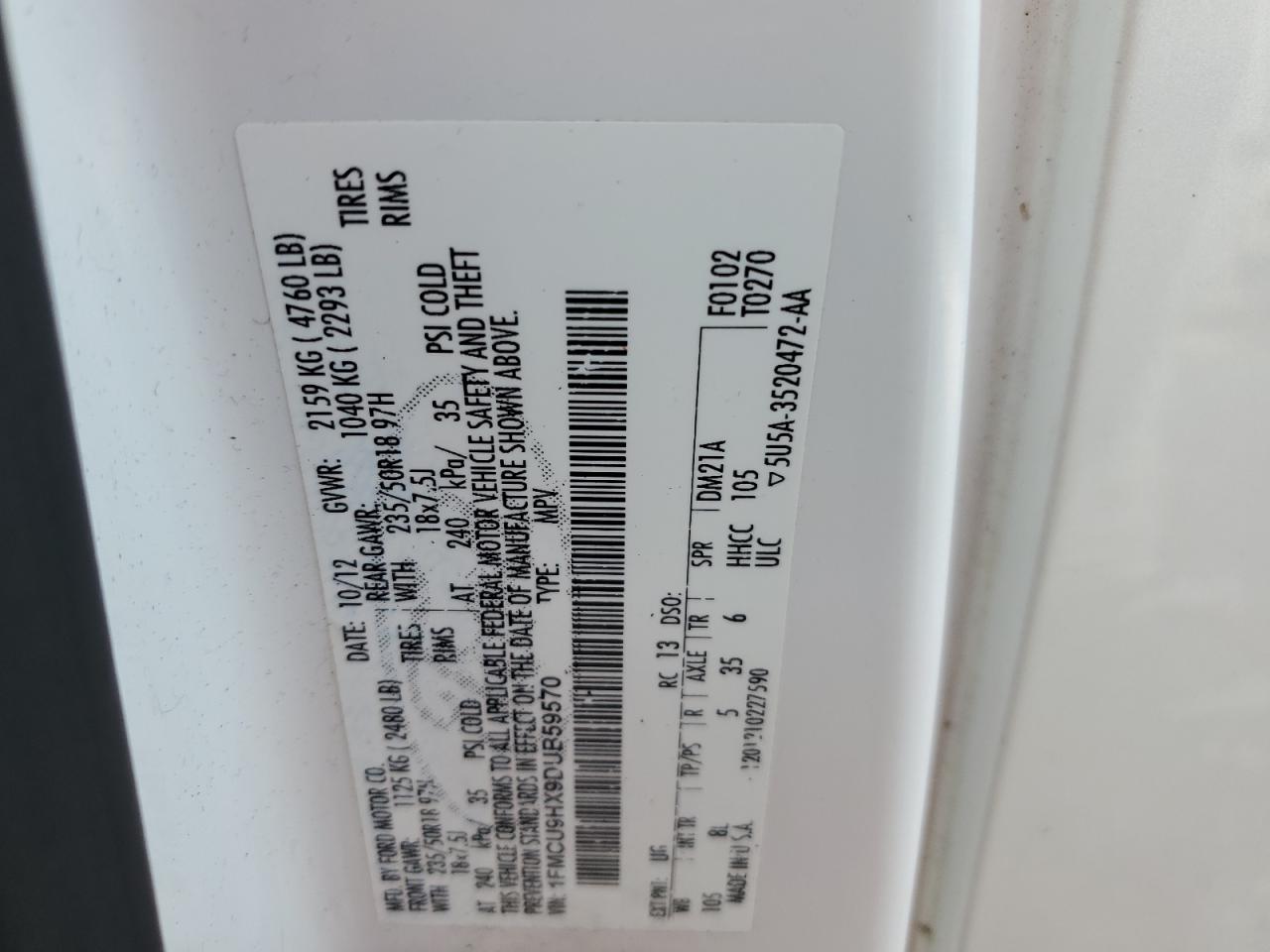 2013 Ford Escape Sel VIN: 1FMCU9HX9DUB59570 Lot: 67257634