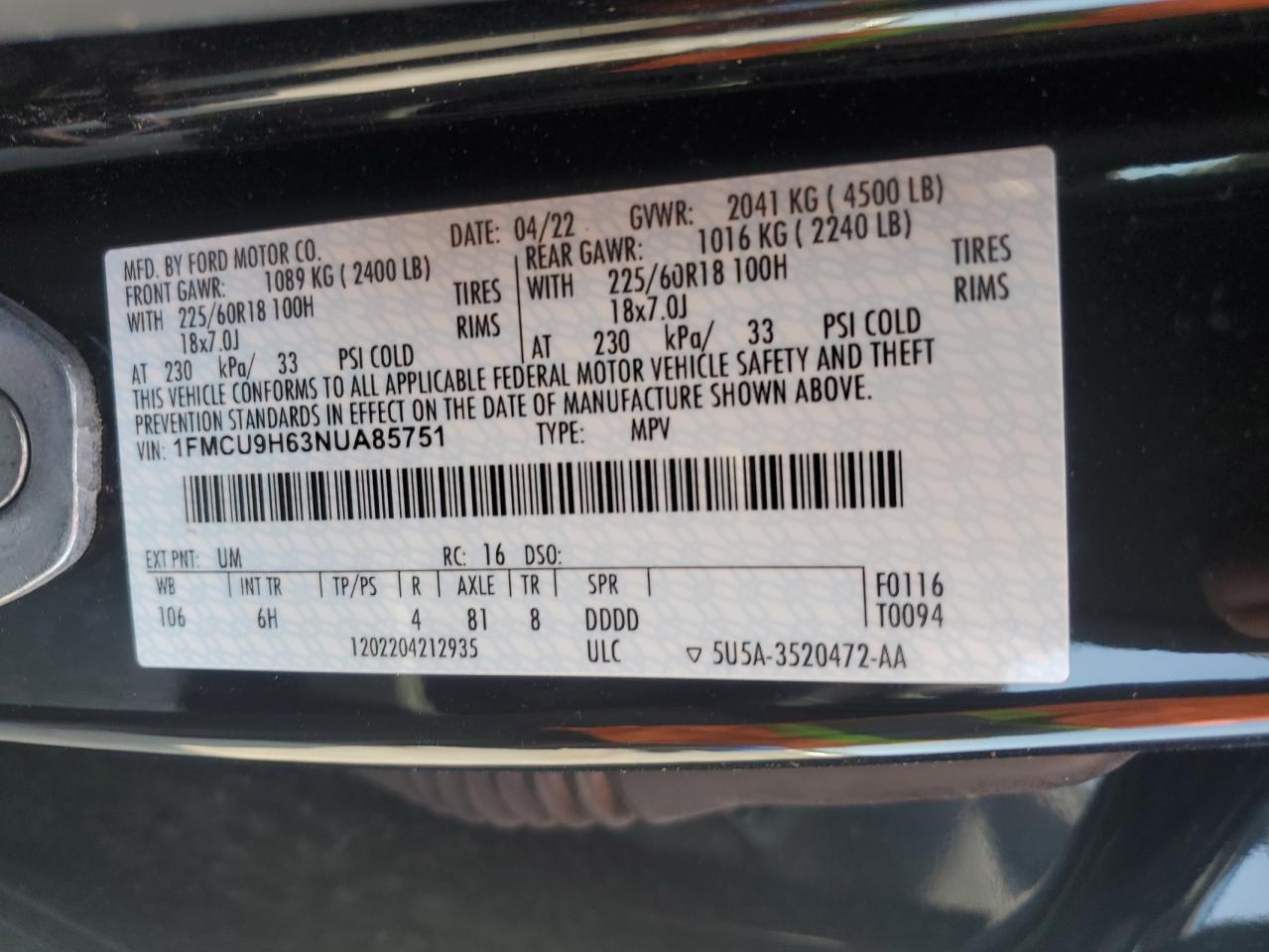 2022 Ford Escape Sel VIN: 1FMCU9H63NUA85751 Lot: 68513064