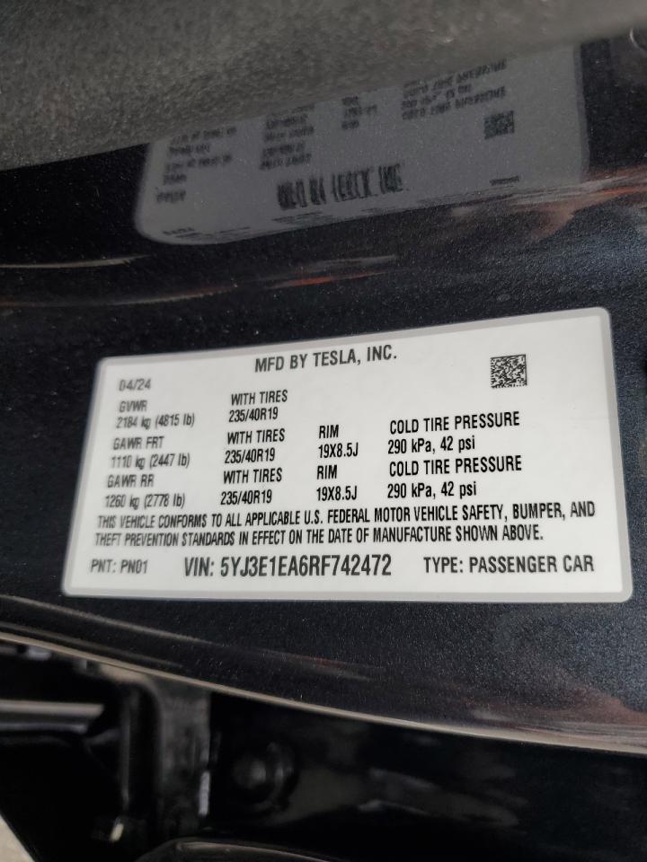 5YJ3E1EA6RF742472 2024 Tesla Model 3