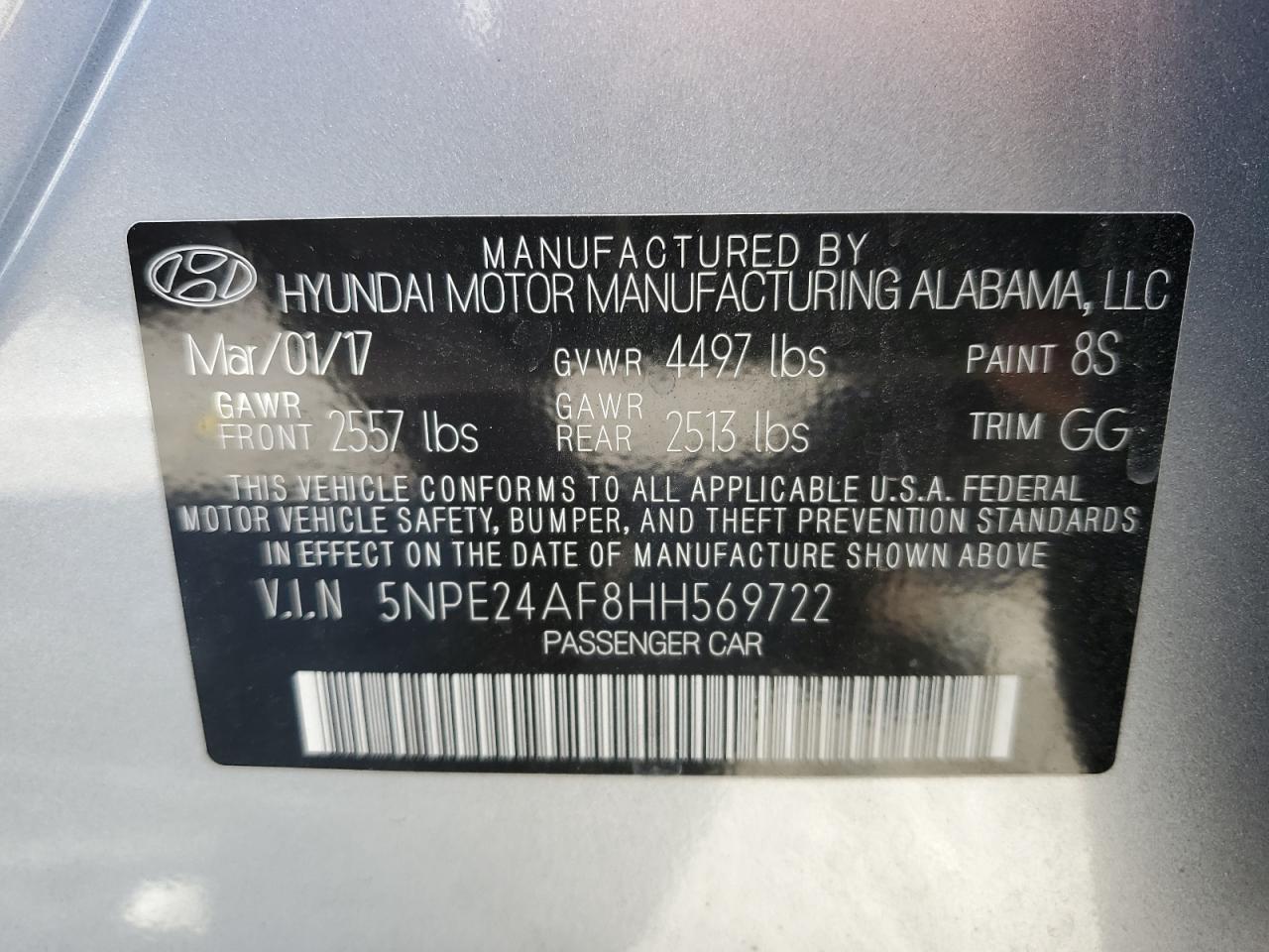 2017 Hyundai Sonata Se VIN: 5NPE24AF8HH569722 Lot: 66949224