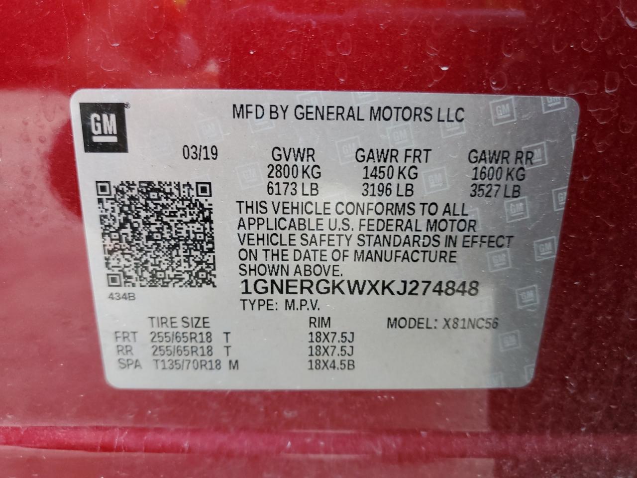 1GNERGKWXKJ274848 2019 Chevrolet Traverse Lt